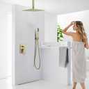 Ceiling Mounted Rain Shower Faucet Set, 16-Inch Ceiling Rainfall Shower Head with Handheld Spray Contain Rough-in Valve and Trim Included, Brushed Gold