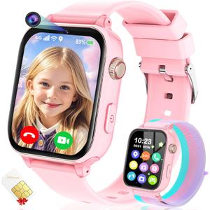 4G Kids Smart Watch GPS Tracker, Smartwatch for Kid with Video Calling, Voice Chat, Class Mode, SOS , Pedometer, Alarm, SIM Card HD Touch Screen Phone Watch Gift for 4-12 Girls Boys (Light Pink)