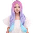 Edivd Rainbow Wig for Kids Long Colorful Middle Part Wig for Girls Multi-color Wavy Curly Wigs for Children Purple Pink Wigs Heat Resistant Synthetic Hair with Cap