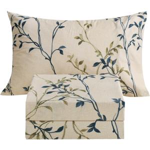 JSD Beige Leaves Print Sheet Set Twin Size, 3 Piece Soft Botanical Microfiber Sheets Extra Deep Pocket