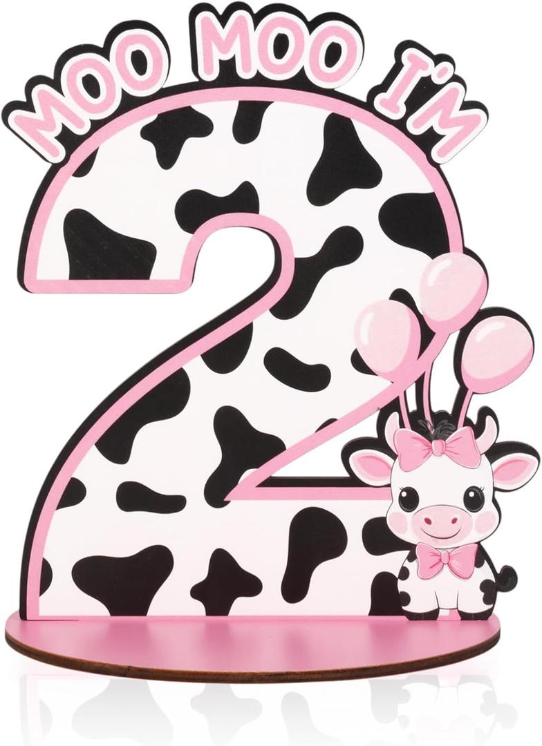 Cow 2nd Birthday Number Sign Centerpiece, Farm Themed Wooden Table Decoration Pink Black White, Two Years Old Birthday Parties Photo Props Supplies Decor Cow 2nd Birthday Number Sign Centerpiece, Farm Themed Wooden Table Decoration Pink Black White, Two Years Old Birthday Parties Photo Props Supplies Decor