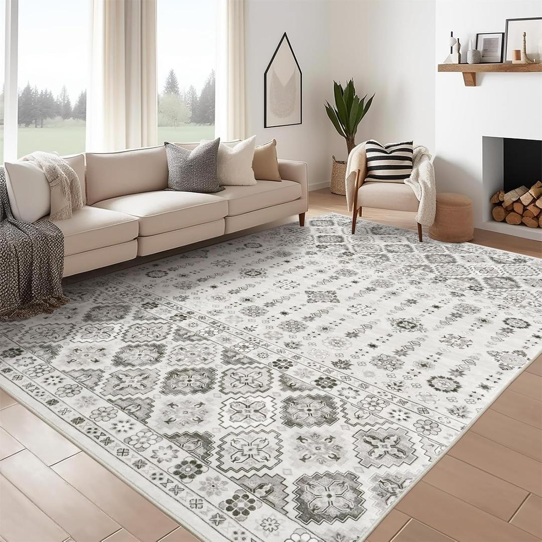 5x7 Area Rug for Living Room Low Pile Vintage Washable Grey Rugs for Bedroom Area Rugs 5x7 for Dining Room Indoor Foldable Non-Slip Thin Rugs