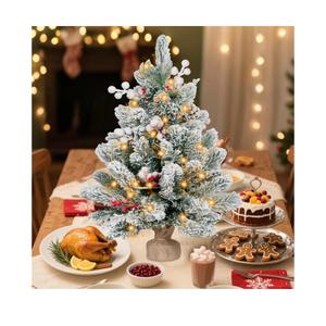ININ 2FT Prelit Mini Christmas Snow Flocked Tree,Tabletop Artificial Christmas Tree with LED Lights, Small Xmas Pine Tree with Cloth Bag Base for Christmas Decor,12 Clusters Berry & 8 Pinecones