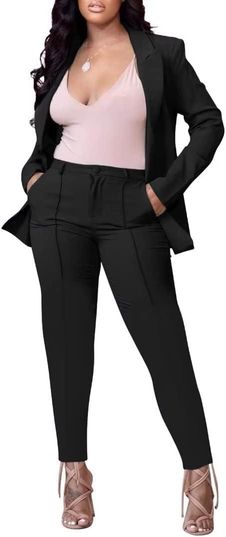 Women Open Front Long Sleeve Blazer and Pants Set Sexy Bodycon Business Pants Suit Formal 2 Piece Outfits (Black)