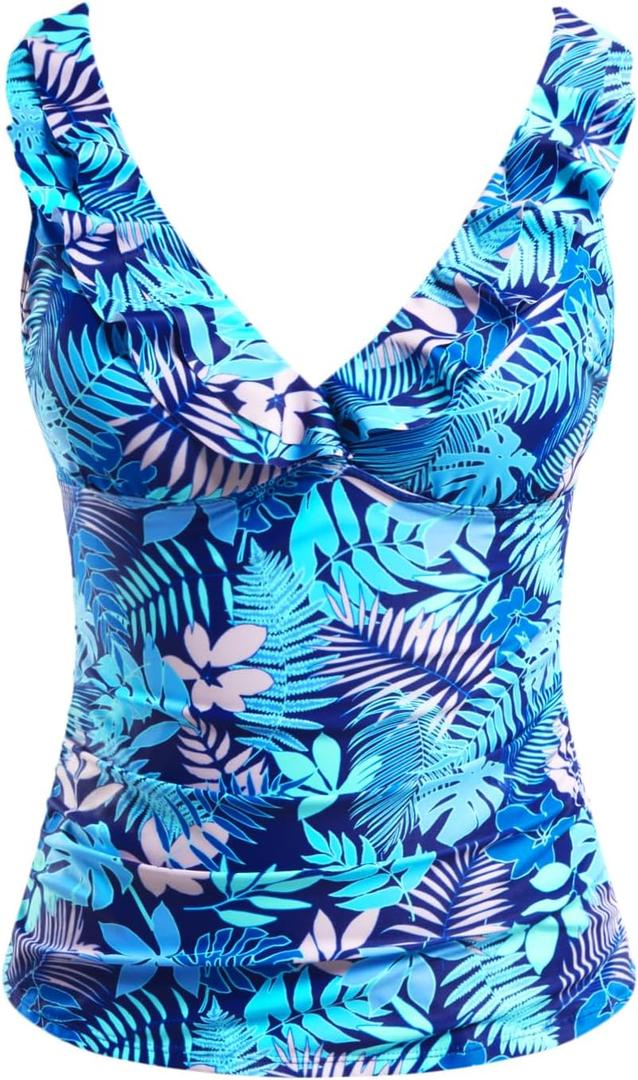 Yonique Women's Tankini Top Only Tummy Control Bathing Suit Top Ruffle Swimsuit Top V Neck Swim Tank Top No Bottom (Medium)