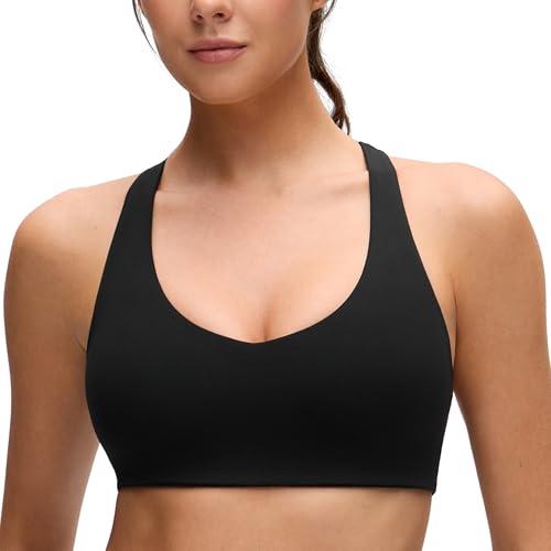 CRZ YOGA Butterluxe Racerback Sports Bras for Women - V Neck Supportive Padded Wireless Athletic Yoga Crop Top Black Medium