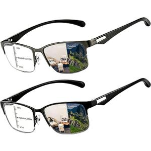 2 Pack Progressive Multifocus Reading Glasses Men Women Metal Thin Frame Executive Style Photochromic Lens Readers