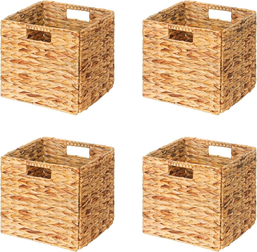 SpaceAid 4 Pack Wicker Basket, Storage Baskets for Organizing, Woven Rattan Basket with Handles for Shelves, Water Hyacinth Large Cube Organizer Storage Bin, 12x12x12 inch, Natural