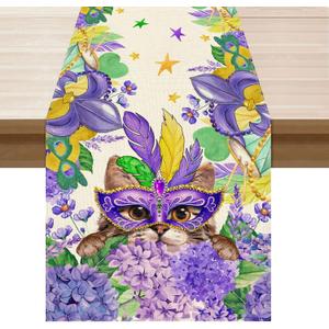 2 x XCHI Mask Cat Iris Fleur De Lis Flowers Mardi Gras Table Runner Carnival Table Decoration for Masquerade Party Home Kitchen Dining Holiday Decor 13x60 Inch