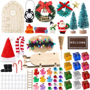Celltestria 58Pcs Mini Christmas Door Decorations Sets Miniature Statues Wooden Door Tree Gift Boxes Wreath Santa Claus Snowman Accessories for Christmas Holiday Fairy Garden Decor