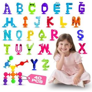 Suction Cup Kids Bath Toys for Toddler Aged 3, 40PCS Animal Alphabet Suckers, Educational ABC Spelling Learning Letter, Montessori Sensory Gifts for 4-8 Kids