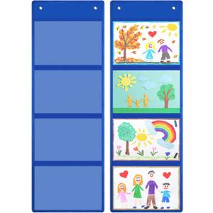 Watersay 2 Pcs Storage Pocket Chart for Classroom 37.4 x 13 in, 4 Pockets Hanging Wall File Organizer for Cards, Drawing, Pictures, Class Demonstrations, Homework, Teacher Office Organization(Blue)