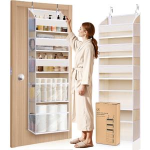 5 Tiers Over Door Organizer with 10 Mesh Side Pockets, 50 lbs Weight Capacity Hanging Storage Organizer with Clear Window Kids Toys, Shoes, Diapers, Beige