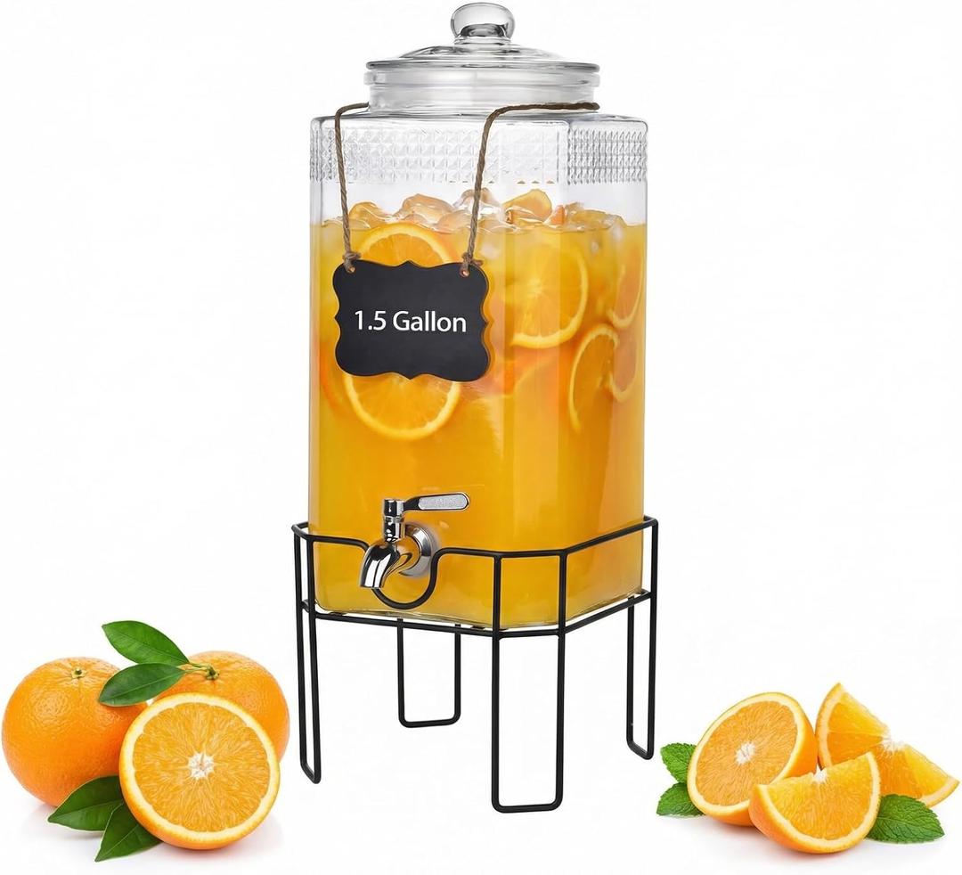 1.5 Gallon Glass Drink Dispenser, Drink Dispensers for Parties, Beverage Dispenser with Stand and Glass Lid, 100% Leakproof Spigot, Ideal for Lemonade, Juice, Iced Tea, Laundry Detergent
