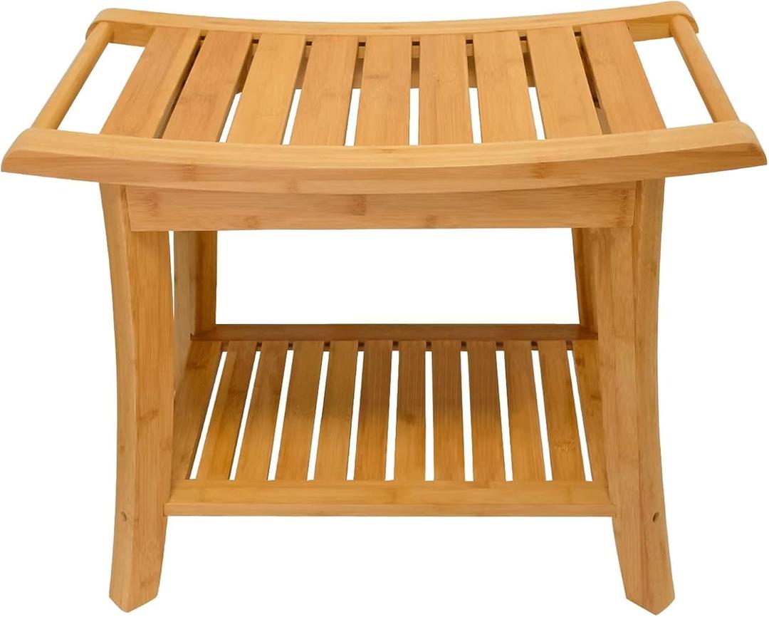 Zhuoyue Bamboo Spa Bath Shower Stool & Bench with Storage Shelf, Shower Bath Seats for Adults Seniors Women Elderly Tileable (24 x 13.4 x 18.5 inches+Beige)