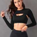 SweatyRocks Women's Ultrashort Cutout Workout Crop Top Exercise Long Sleeve Tee Shirt (Black), L