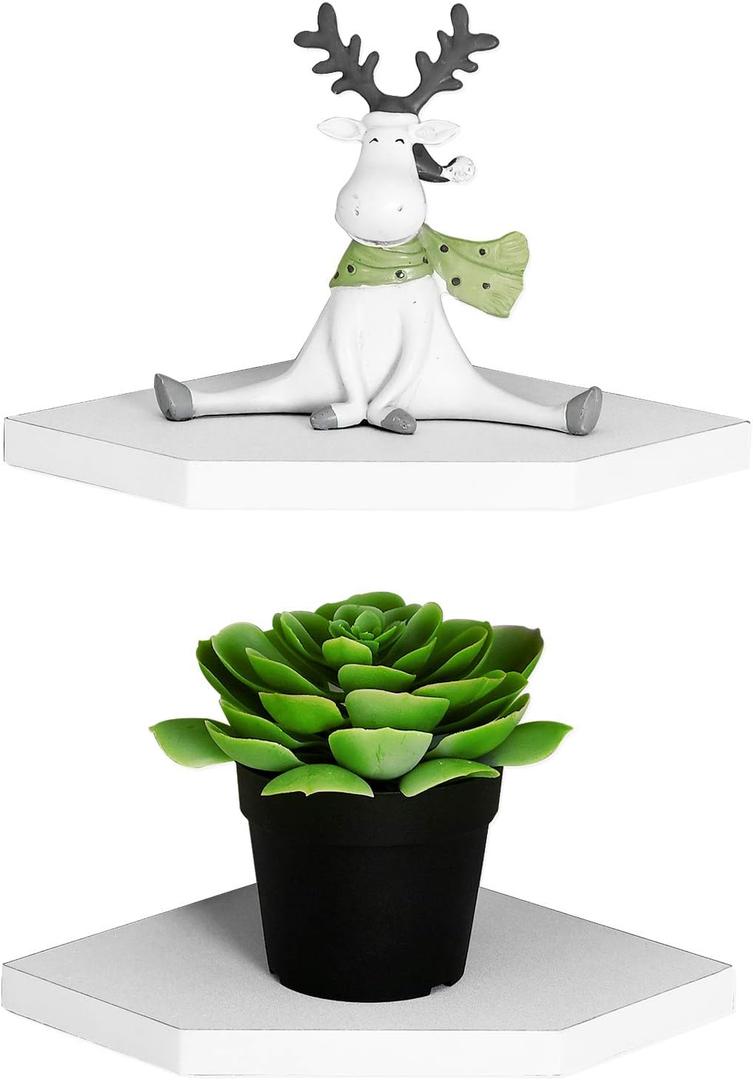 WELLAND 7-Inch Floating Corner Shelves Set of 2, Wall Mounted Storage Shelf with White Finish for Bedroom, Living Room, Bathroom, Display Shelf for Small Plant, Photo Frame, Toys and More
