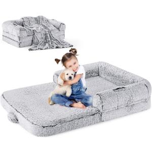 Human Dog Bed for Kids, 2 in 1 Foldable XL Bed for People Fits Pet Families, Orthopedic Calming Memory Foam Dog Sofa, Faux Fur Human Size Pet Bed with Blanket, 54"x38"x8.5", Grey