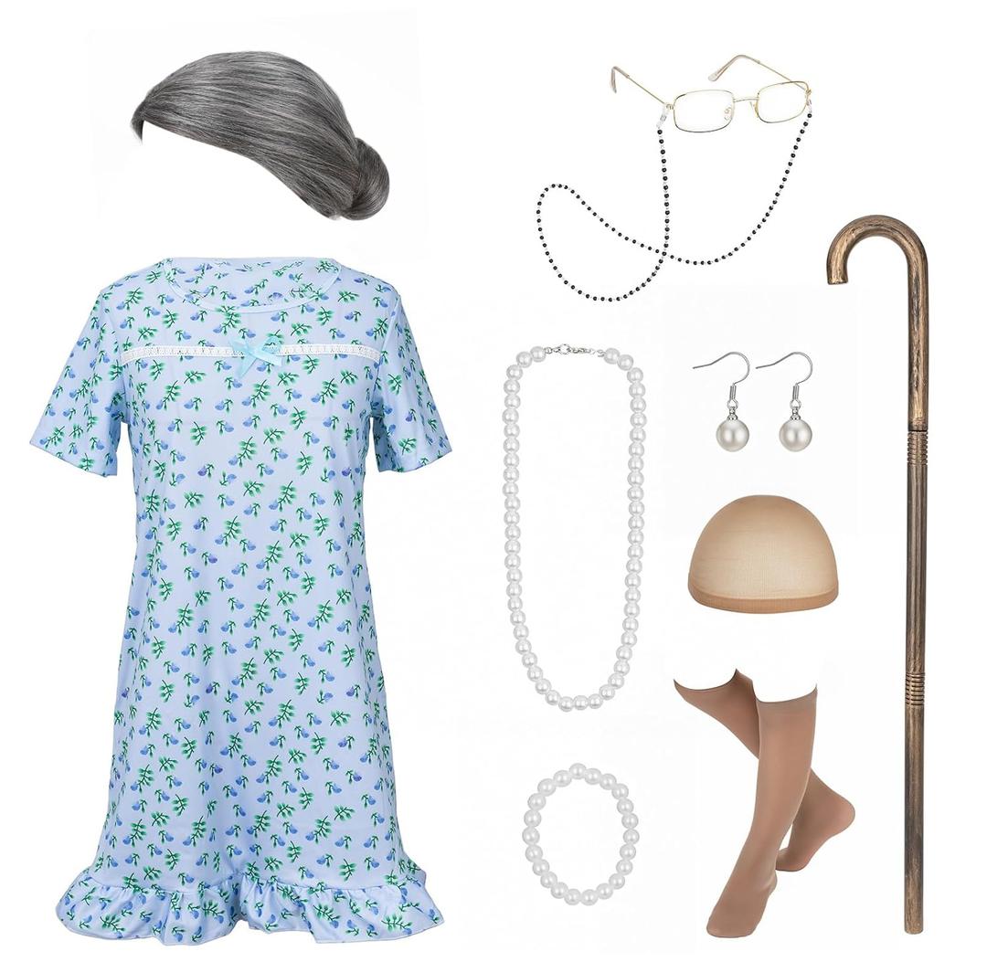 100 Days of School Outfit Old Lady Costume Halloween Granny Dress Wig Accessories (Medium, Gray)