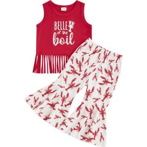 Kids Toddler Baby Girl Crawfish Boil Outfit Red Tassel Shirts with Flare Pants Set 2Pcs Summer Clothes, 2-3Y