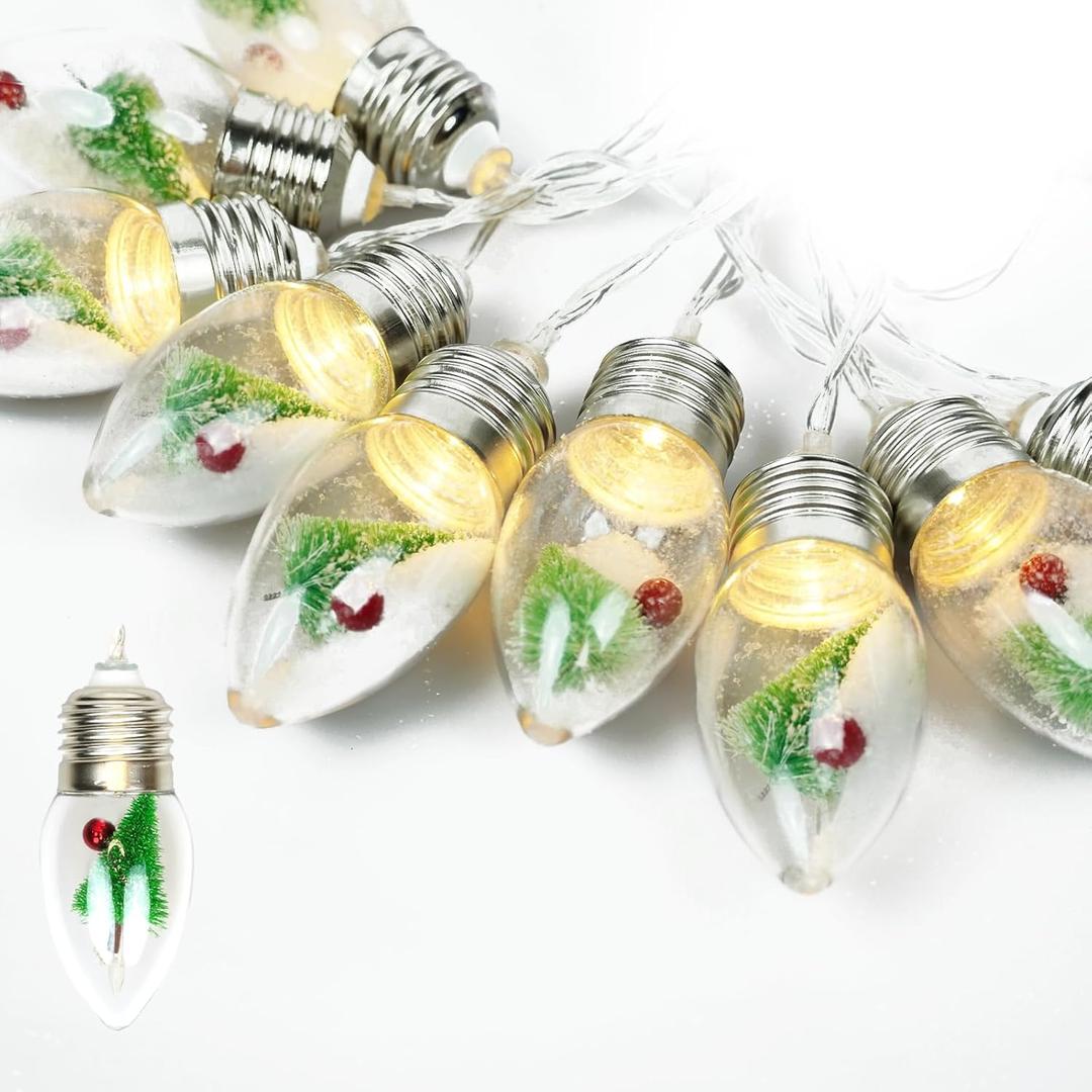 6.6FT Vintage Christmas Decoration String Lights with Tree & Red Berry & Snow Decor - 10 Warm White LED Bulbs, Battery Powered Christmas Tree Lights Decor Indoor(Batteries Not Included)