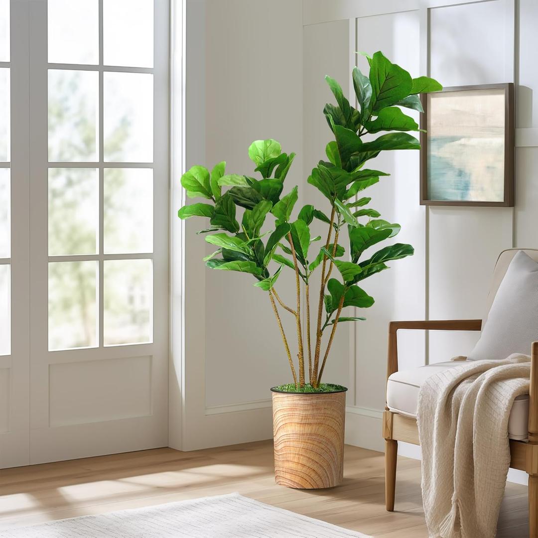 Artificial Tree in Natural Wood Pattern Planter, Fake Ficus Lyrata Silk Tree for Indoor and Outdoor Home Decoration - 57" Overall Tall (Plant Pot Plus Tree)