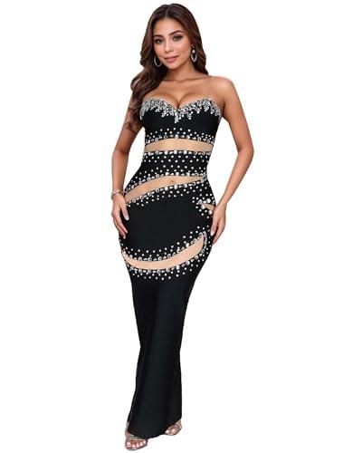 Nagfar Women Sexy Rhinestones Strapless Black Dress Cut Out Curves Elegant Party Evening Long Dress﻿﻿(SK3379-Black-S)