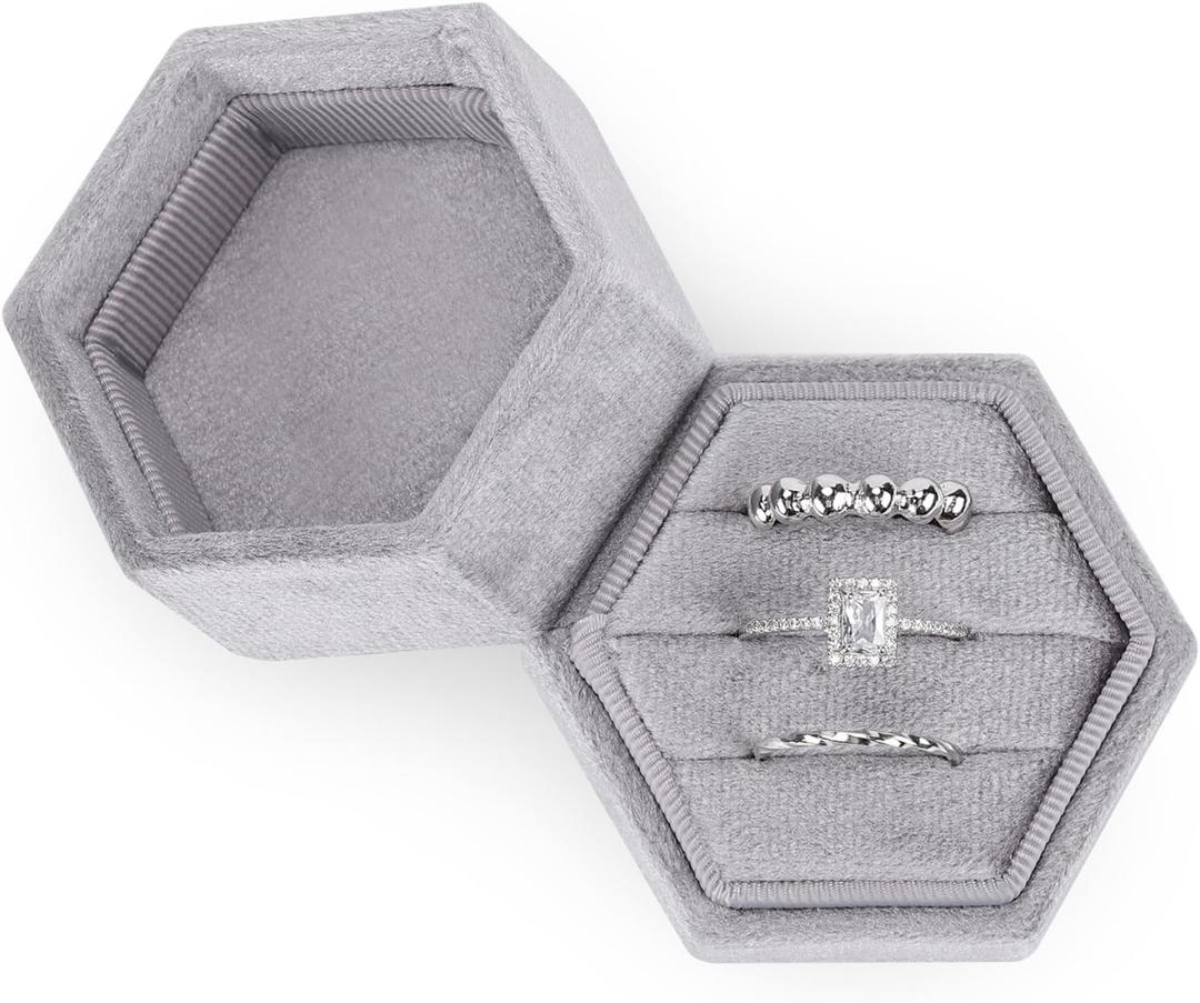 4 x WantGor Velvet Jewelry Ring Box, 3 Slots Hexagon Ring Gift Box Vintage Ring Display Holder Case for Wedding Ceremony Proposal Engagement (Gray)