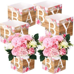 Bucherry 6 Pcs Baby Shower Flower Boxes Baby Shower Centerpieces for Tables Display with Letters Gender Reveal Party Favor Block Holder(Wooden Color, Rustic Floral)