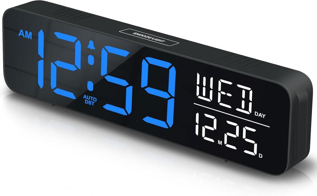 Peakeep Large Display Digital Alarm Clock for Bedrooms, Date Day of Week Temp Desk Table Clocks for Living Room Office, Dimmable Plug in Electric Clock, 5 Volumes, Loud, Auto DST (Blue and White)