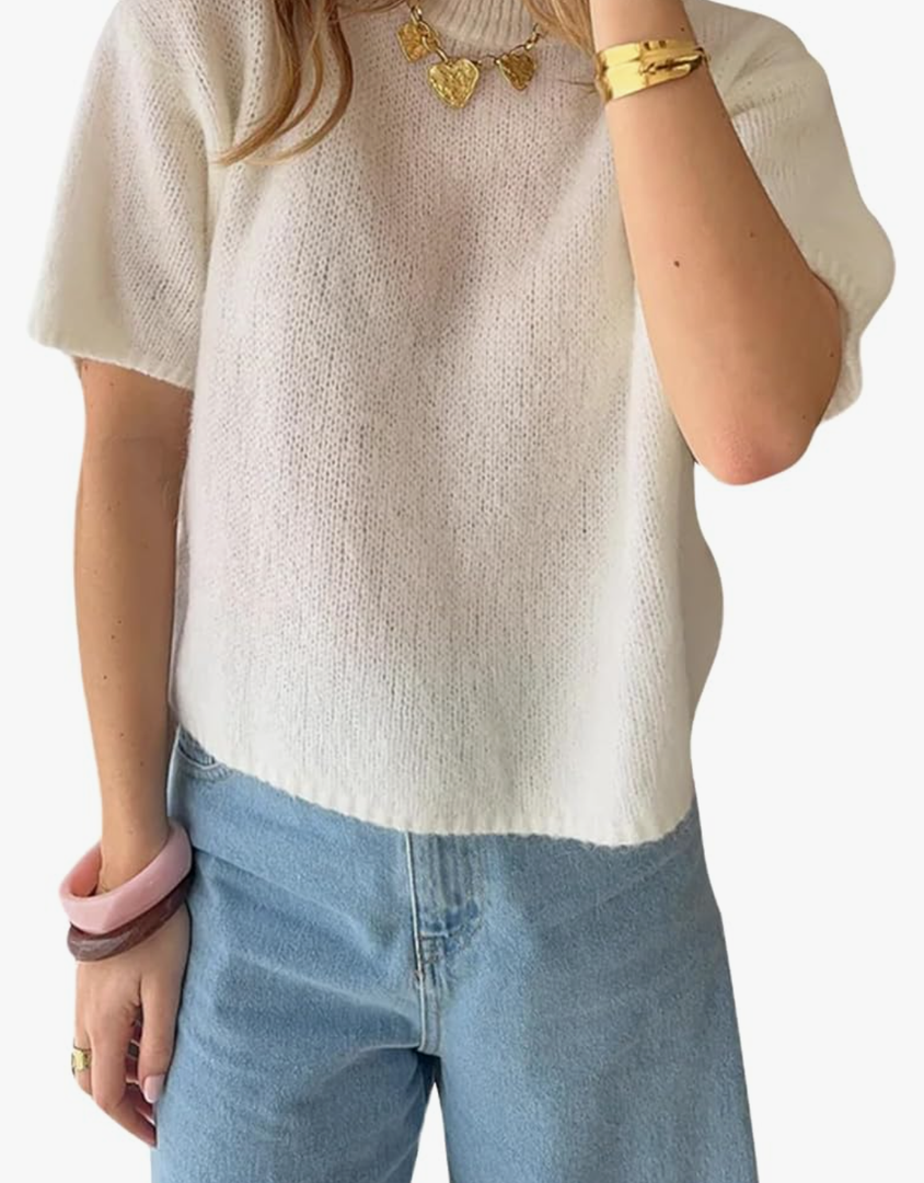 RUEWEY Women Y2k Short Sleeve Sweater Lightweight Crew Neck Pullover Knit Tee Tops Solid Color Shirt Top Blouse M