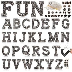 Rhinestone Self-Adhesive Letter Clothing Patches: Kingsow 48pcs Black Rhinestone Bling Letter Patch Stickers for DIY Crafts - Glitter Crystal Alphabet Patches Stick on Jackets, Hats, Bags