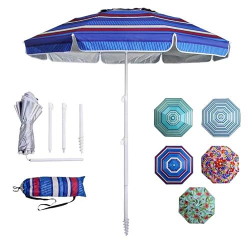 LOTTAFUN 6ft Beach Umbrella - Heavy Duty Wind Resistant UV 50+ Portable Sun Shade with Sand Anchor & Carry Bag, Outdoor Folding Umbrella for Beach, Pool, Patio, Garden (Blue color strip) No Tilt The sand needs to exceed the spiral 6inch