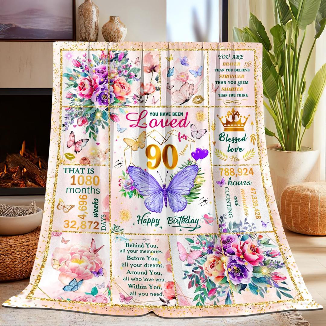 90th Birthday Gifts for Women, Super Soft Unique Fun Purple Butterfly Flower Blanket Gifts for Anniversary Christmas, 90th Birthday Decorations for Women, Cozy Warm Plush Fuzzy Fleece Blanket 60"x50"