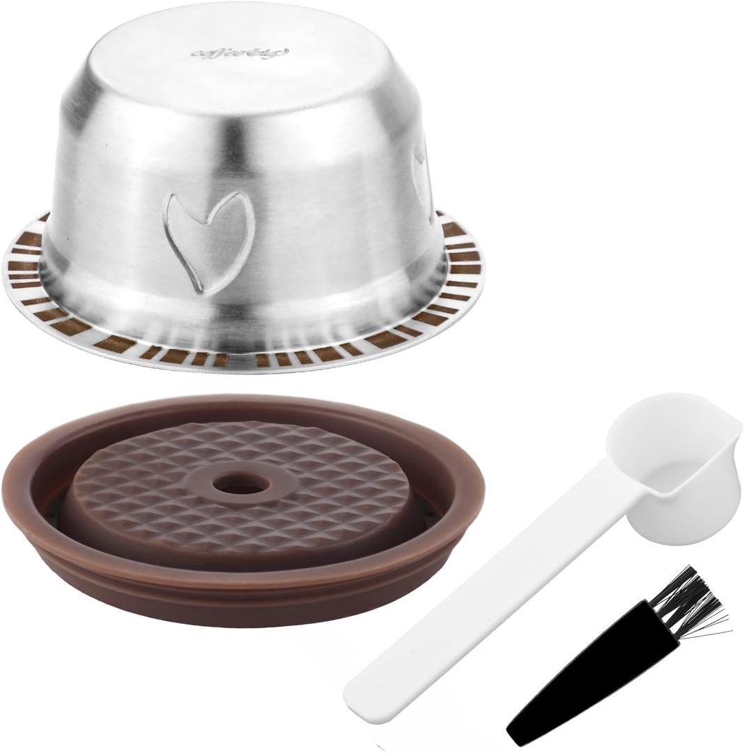 Reusable Pods for Nespresso Vertuo Machine, Stainless Steel 230ml Refillable Coffee Capsule Set with 1 Silicone Lid, 1 Spoon, 1 Brush Coffee Accessories for Nespresso