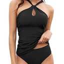 ZAFUL Black Tankini Tops for Women Criss Cross Back Swimsuit Crop Top Cheeky Two Piece Swimsuit for Women Black L