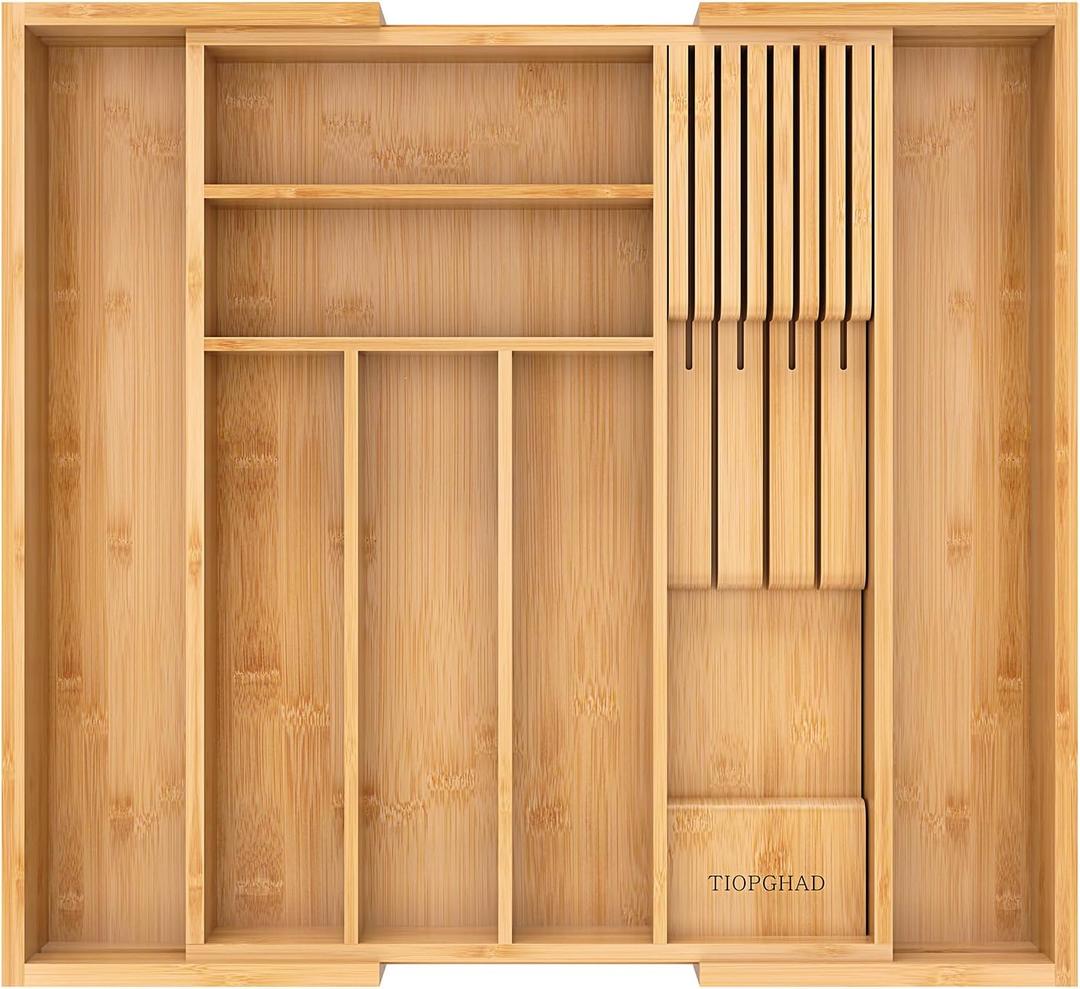 Bamboo-Silverware-Drawer-Organizer-Kitchen, Expandable Utensil Holder Cutlery Tray Flatware Organization Adjustable Wood Tableware Dividers Storage (with Removable Knife Block)(Natural) (Large)