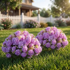 Suncalla Purple 2 Set Artificial Boxwood Topiary Ball Trees with Hydrangea Flower, 19.7" UV Resistant Outdoor Faux Plants with Ground Spike for Planter Front Door Home Indoor Porch Patio Decor