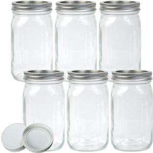 6 Pack 32 oz Mason Jars, Wide Mouth Mason Jars with Lids and Bands and 6 White Plastic Mason Jar Lids, Canning Jars for Overnight Oats, Food Storage, Dry Food, Snacks, Candies and More (Clear)
