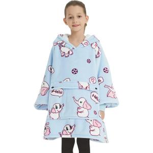 KFUBUO Wearable Blanket Hoodie for Kids Sherpa Patterns Oversized Sweatshirt Blanket With Pocket 6-10 Year Old Girl Boy Birthday Gifts Elephant