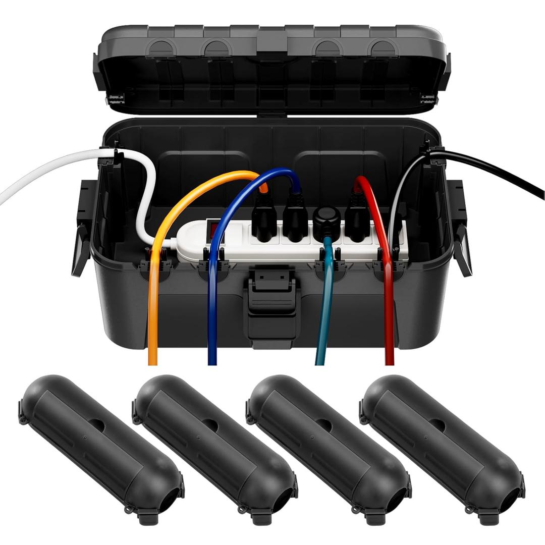 RESTMO 5-Piece Outdoor Waterproof Electrical Box Set  12.5" x 8.5" x 5" Large & 7.1" x 2.3" x 2.3" Small, Weatherproof Boxes for Power Strip, Outlet, Plug, Socket, Timer, Holiday Light, Black