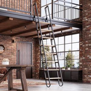 10.35FT Industrial Style Loft Ladder, 8 Steps with Black Steel Handrails & Solid Wood Steps, 450lbs Capacity, Fits 8.2-9FT Installation Height,for Attic, Kitchen, Warehouse, Bookshelf& Outdoor