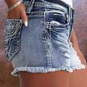 Flamingals Jean Shorts for Women Mid Waisted Stretchy Ripped Denim Shorts Raw Hem Curvy Summer Trendy (Blue, L)