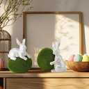 Yookeer 2 Set Easter Bunny Green Mossy Eggs Flocked Table Decor 7 Inch Farmhouse Spring Easter Tabletop Decorations White Gloss Bunny Figurines with Green Moss Eggs for Spring Tabletop Centerpiece