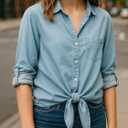 Dauocie Women's Front Tie Tops Casual 3/4 Roll Up Sleeve Button Up Shirts with Pocket (Blue, XXL)