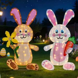 Easter Decorations Outdoor Yard Decor, Set of 2 Lighted Bunny Ornament for Porch Lawn Patio Garden, 120 LED Lights, 35 Inch, Rabbit Gifts for Women Mom, with Carrot & Blossom