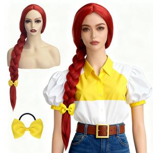 QACCF Long Red Braided Wig with Yellow Bow Hair Accessory Cosplay Costume Women Wig