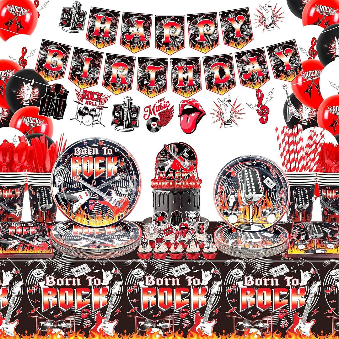Rock and Roll Party Decorations, Including Happy Birthday Banner, Plate , Napkins, Tablecloth, Hanging Swirls, Cake Toppers, Balloons, for Rock Music Theme Party Supplies Serves 20 Guest