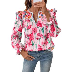SHEWIN Women's Blouses Split V Neck Mixed Floral Print Long Sleeve Chiffon Fall Tops Striped Trim Shirts (Pink, XXL)