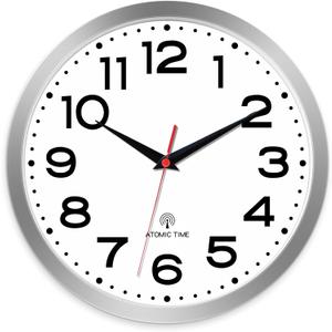 Roymnie Atomic Wall Clock 12 Inch, Modern Clock Battery Operated Classic Analog Decorative for Kitchen, Living Room, Office, Bedroom, Bathroom (Silver)
